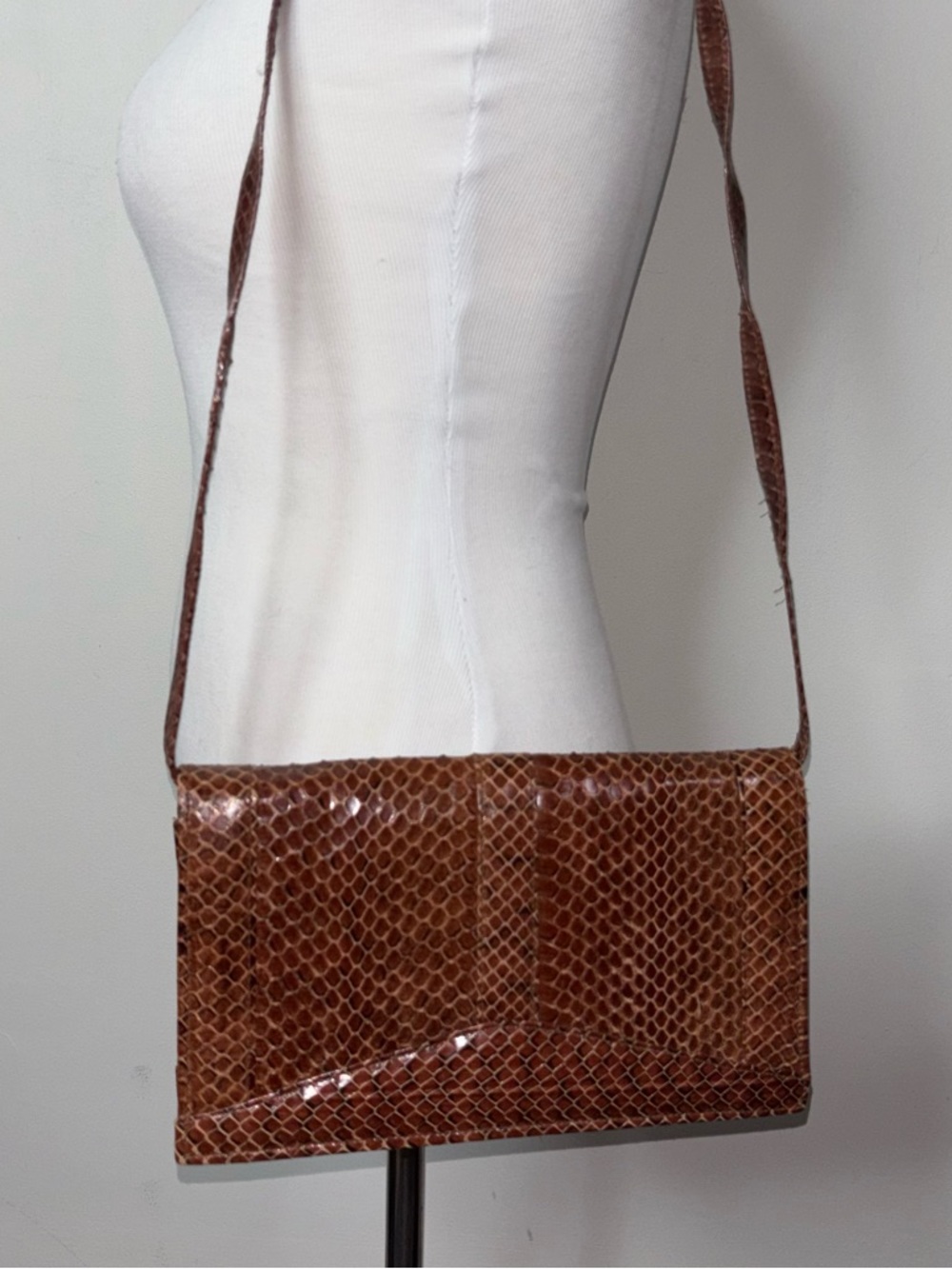 Vintage Brown Genuine Snakeskin Reptile Clutch Shoulder Bag Purse